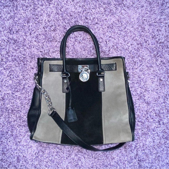 AUTH Michael Kors Large Hamilton Center Stripe Colorblock Suede Satchel Purse - Picture 3 of 13